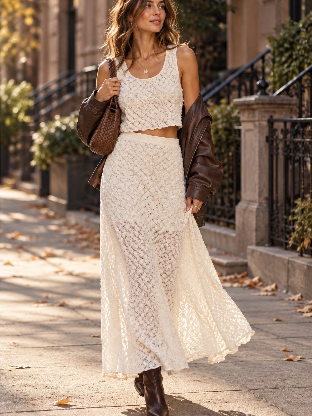 Free People Cream Lace Maxi Skirt and Crop Tank Set